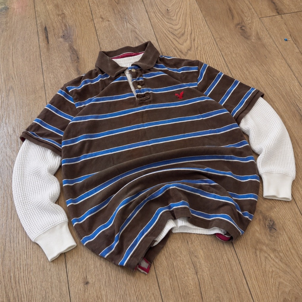 Vintage VTG Y2K 2000's 00's American Eagle Brown Blue Striped Polo Shirt